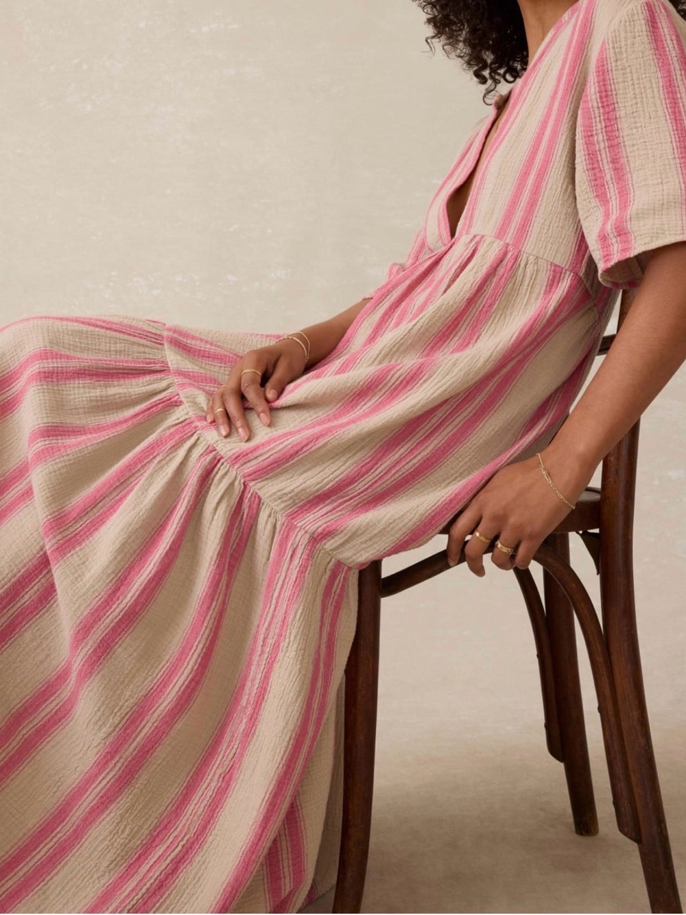 Faherty Pink and Cream Striped Tiered Maxi Dress